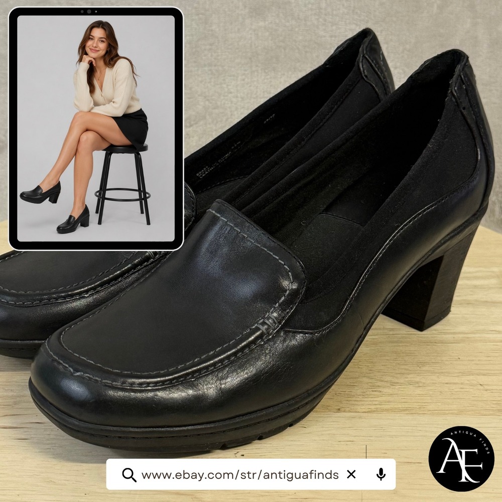 Clarks Bendables Black Leather Block Heel Loafers Pumps 80427 Womens 8.5M